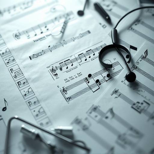 Et abstrakt bilde som representerer musikknoter og juridiske dokumenter.