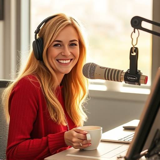 Kari smiler og drikker kaffe i radiostudioet under 'Morgenstemning med Kari'.