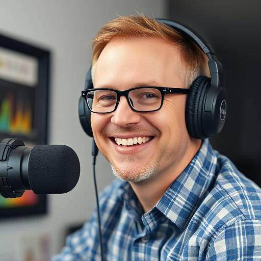 Petter Hansen smiler i studio med hodetelefoner på.