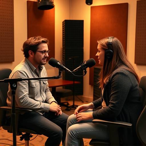 To personer som sitter ved et bord og tar opp en podcast i et profesjonelt studio.
